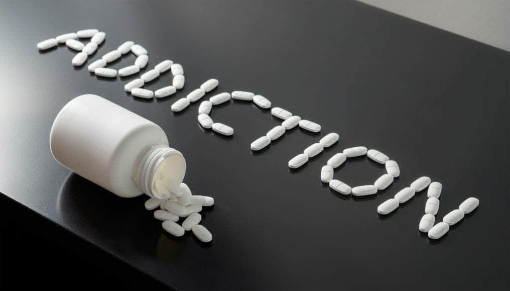 Pills spelling out the word, “addiction.”